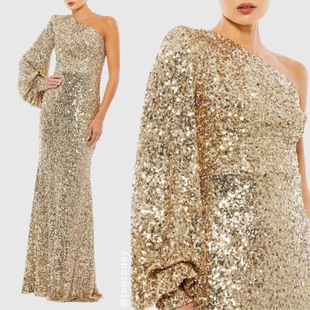 Mac Duggal 26717 Size 6 Gold Sequin Asymmetrical One Shoulder Maxi Dress Gown